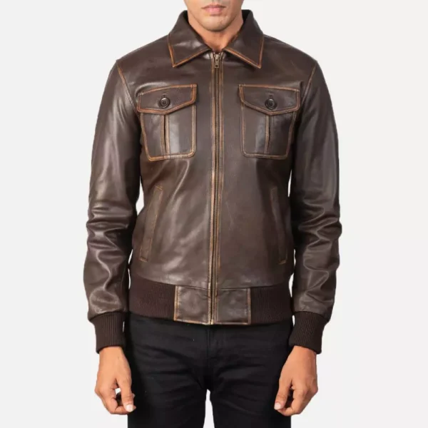 Aaron Brown Leather Bomber Jacket Gallery 1