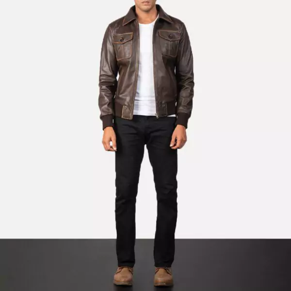 Aaron Brown Leather Bomber Jacket Gallery 5