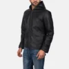 Andy Matte Black Hooded Leather Jacket Gallery 1