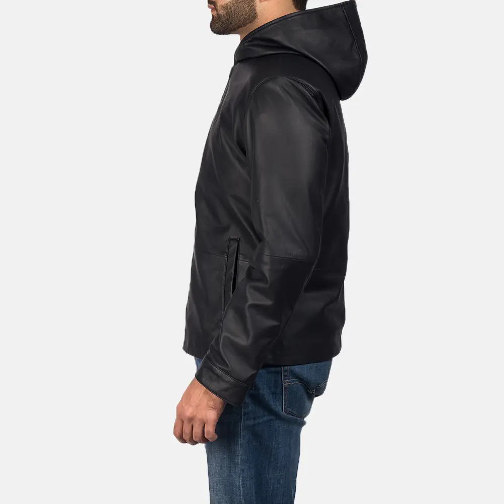 Andy Matte Black Hooded Leather Jacket Gallery 2