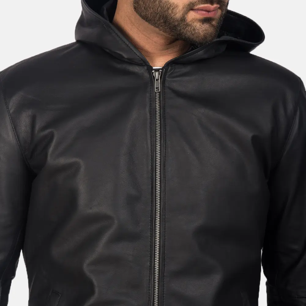 Andy Matte Black Hooded Leather Jacket Gallery 4