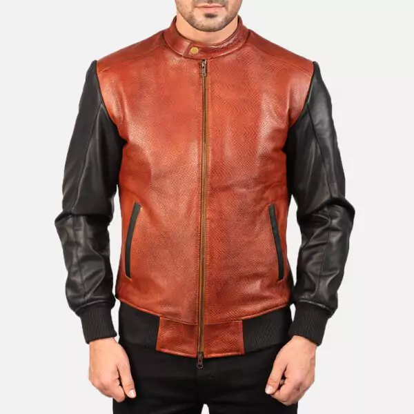 Avan Black & Maroon Leather Bomber Jacket Gallery 1