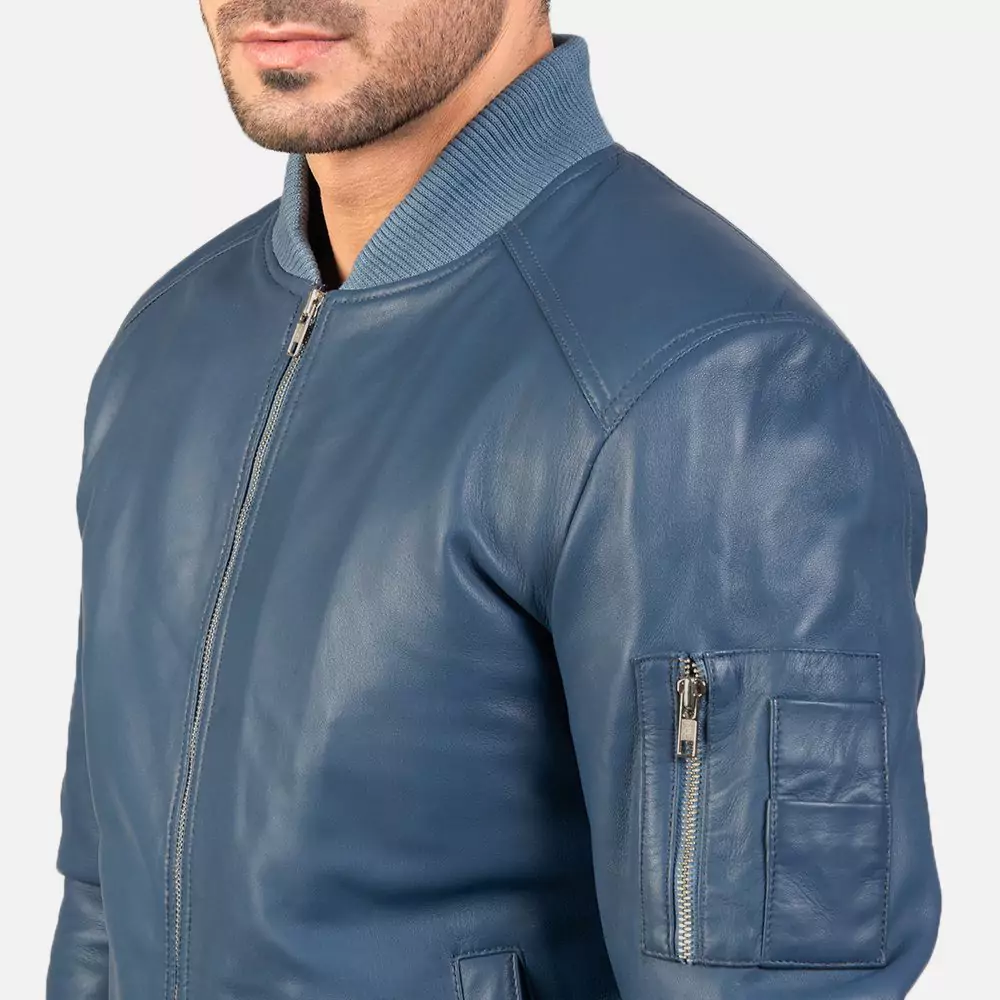 Bomia Ma-1 Blue Leather Bomber Jacket Gallery 3