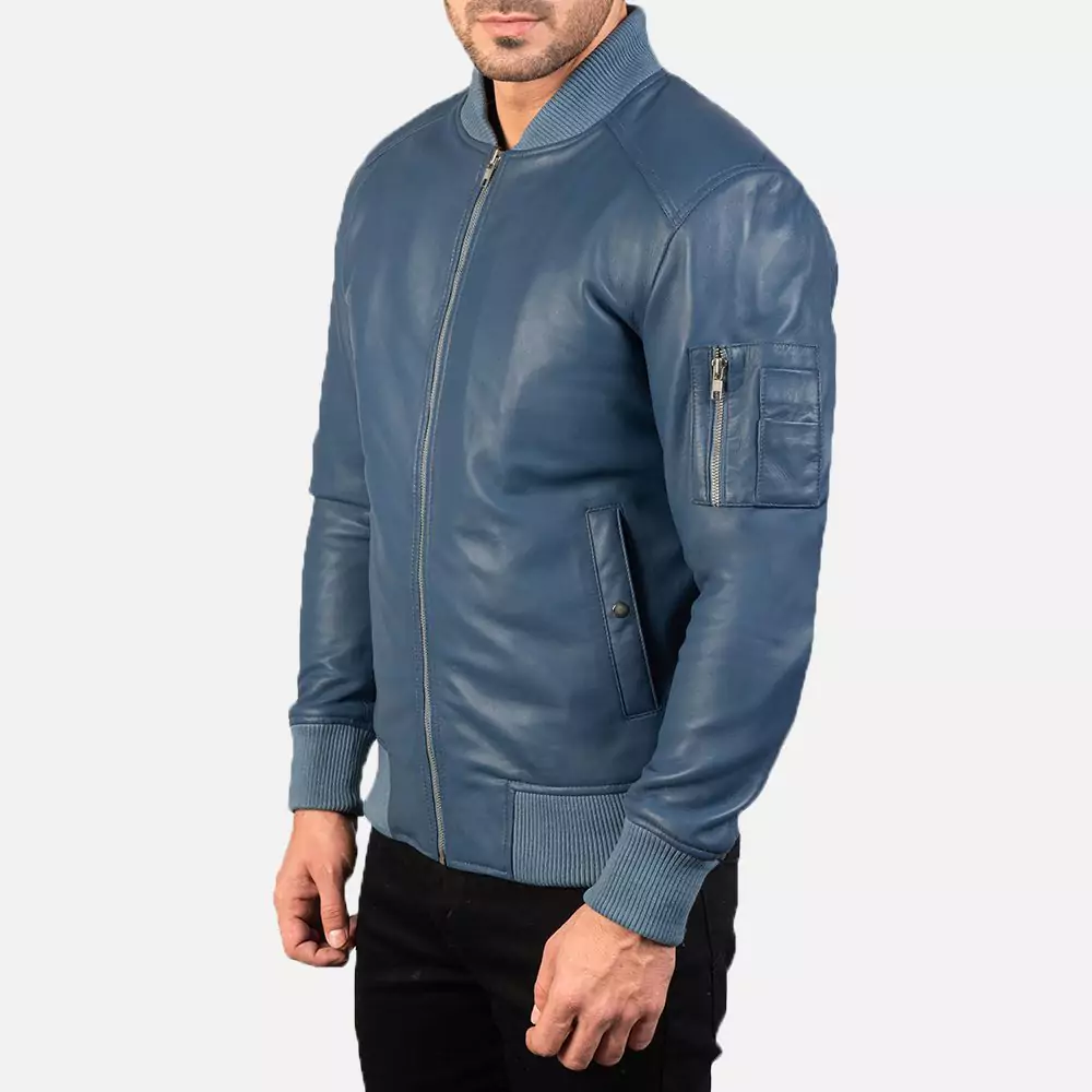 Bomia Ma-1 Blue Leather Bomber Jacket Gallery 4