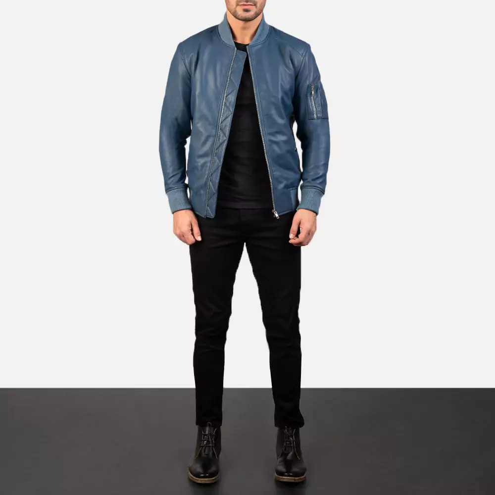 Bomia Ma-1 Blue Leather Bomber Jacket Gallery 5