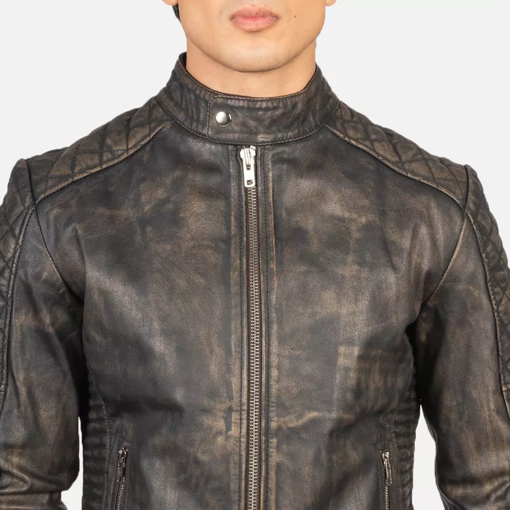 Fernando Quilted Distressed Brown Leather Biker Jacket Gallery 1