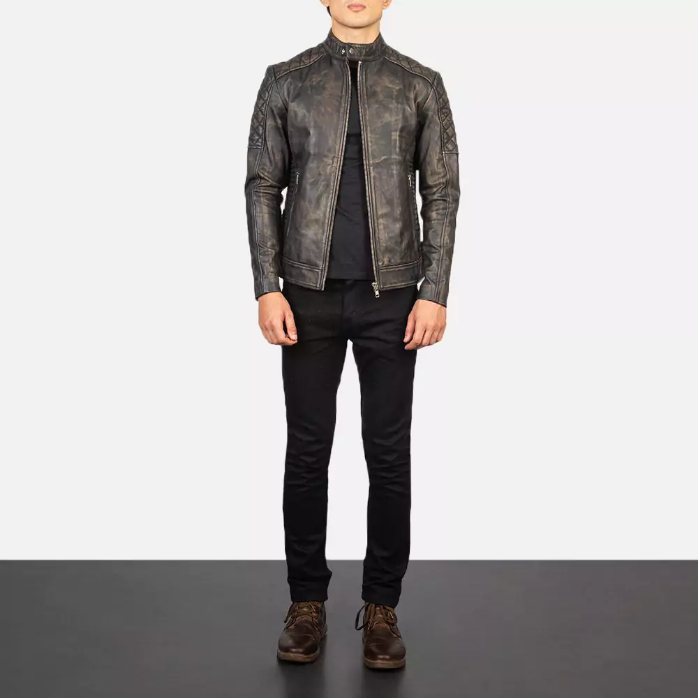 Fernando Quilted Distressed Brown Leather Biker Jacket Gallery 5
