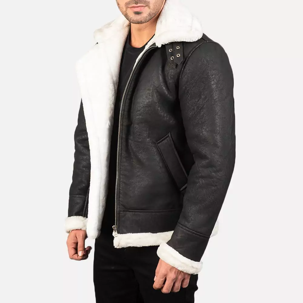 Francis B-3 Distressed Black Leather Bomber Jacket Gallery 3