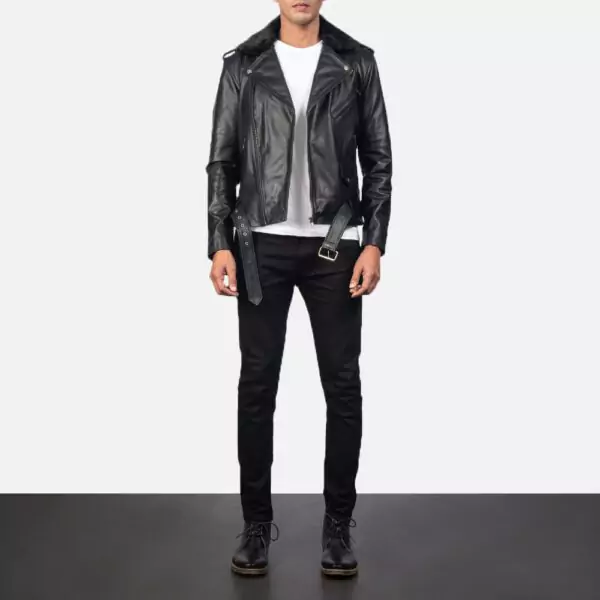 Furton Black Leather Biker Jacket Gallery 5
