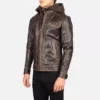 Hector Vintage Brown Hooded Leather Biker Jacket Gallery 2