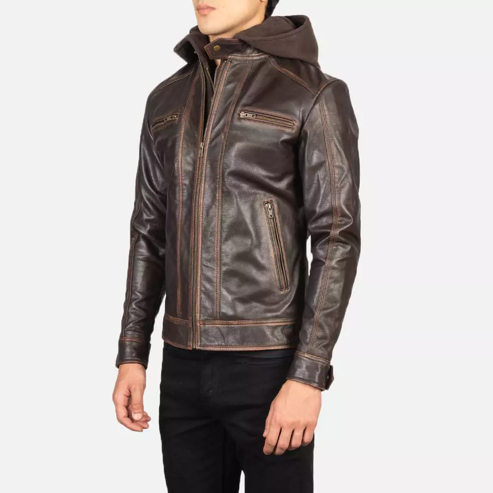 Hector Vintage Brown Hooded Leather Biker Jacket Gallery 2