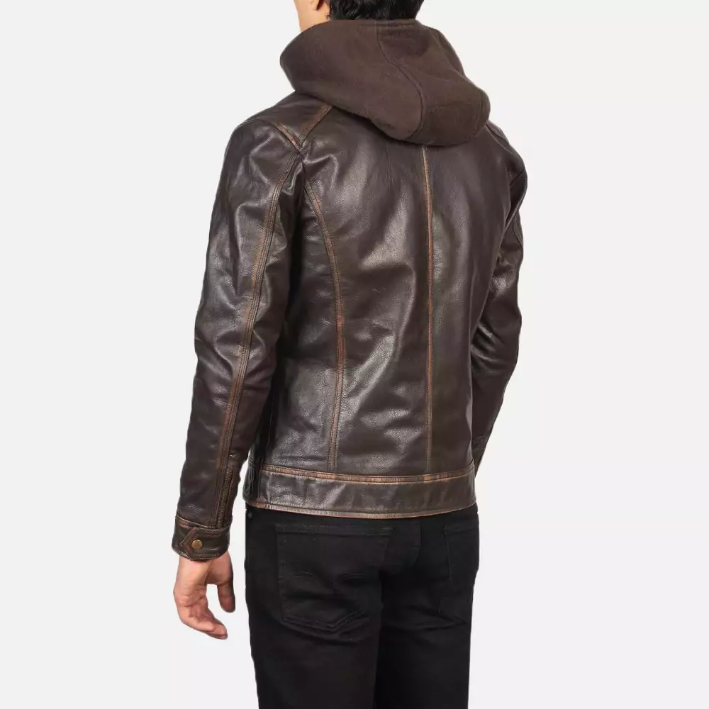 Hector Vintage Brown Hooded Leather Biker Jacket Gallery 4