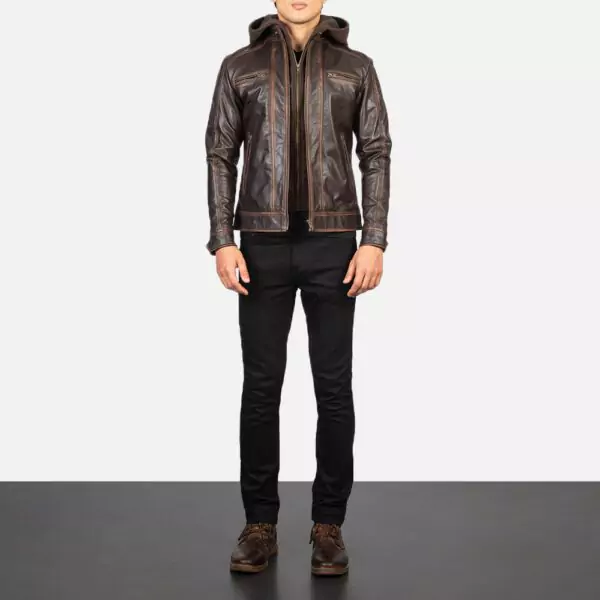 Hector Vintage Brown Hooded Leather Biker Jacket Gallery 5