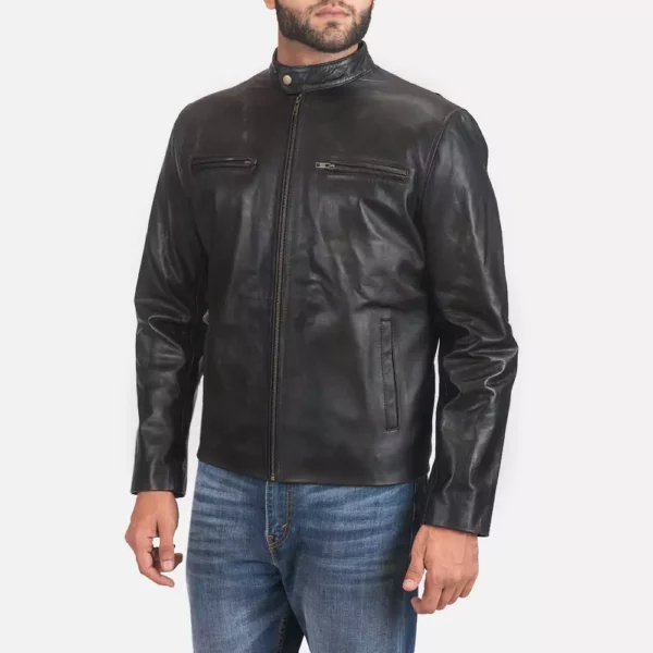 Rustic Black Leather Biker Jacket Gallery 1