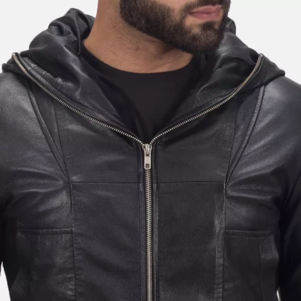 Spratt Black Hooded Leather Jacket Gallery 1