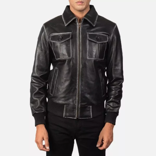 Aaron Black Leather Bomber Jacket Gallery 1