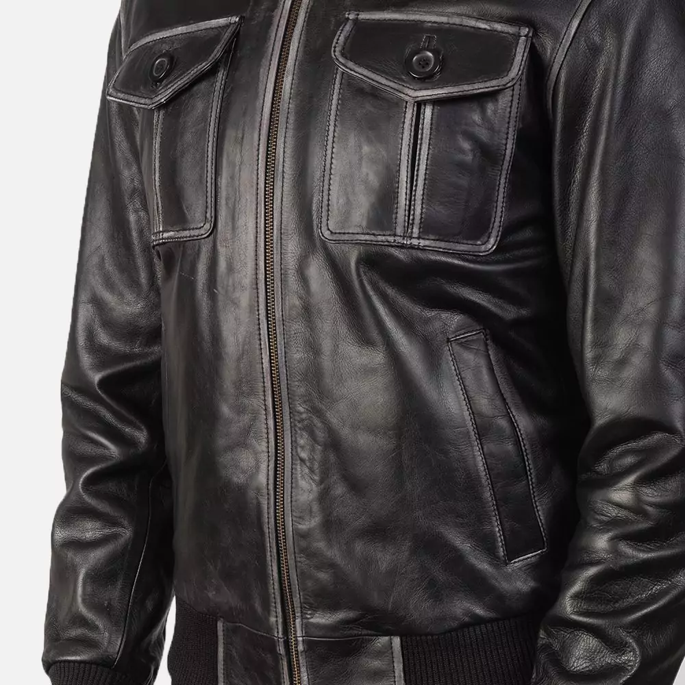 Aaron Black Leather Bomber Jacket Gallery 3