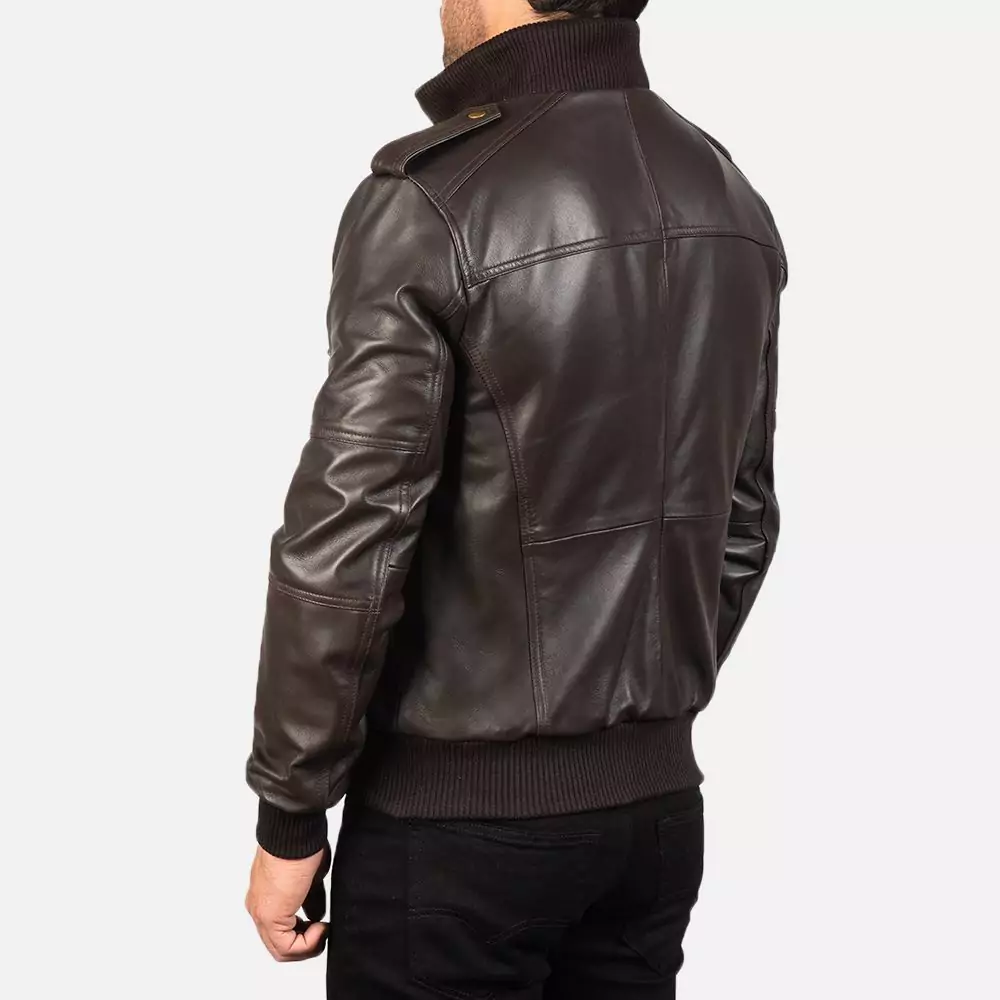 Agent Shadow Brown Leather Bomber Jacket Gallery 2