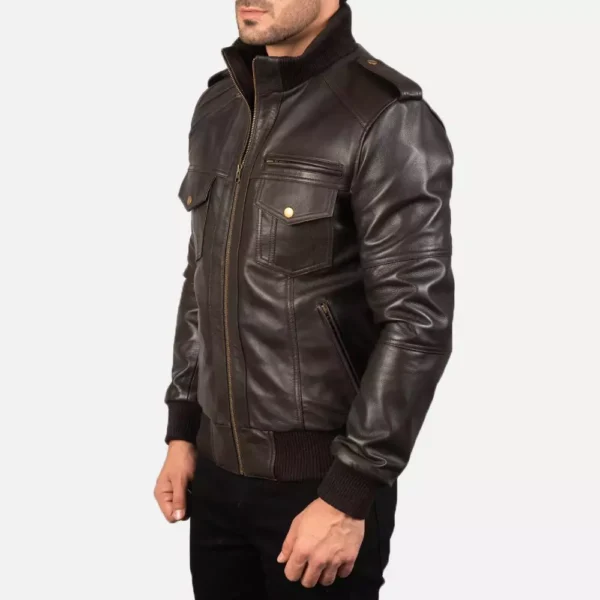Agent Shadow Brown Leather Bomber Jacket Gallery 4