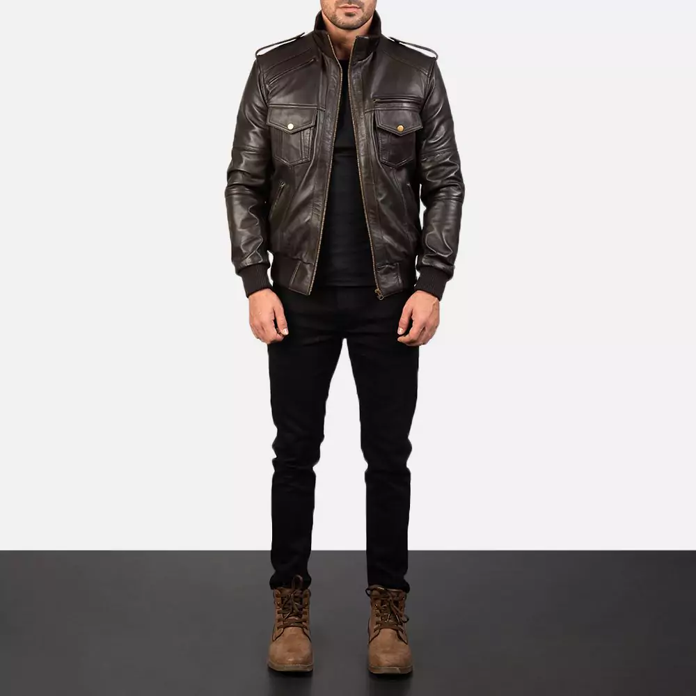 Agent Shadow Brown Leather Bomber Jacket Gallery 5