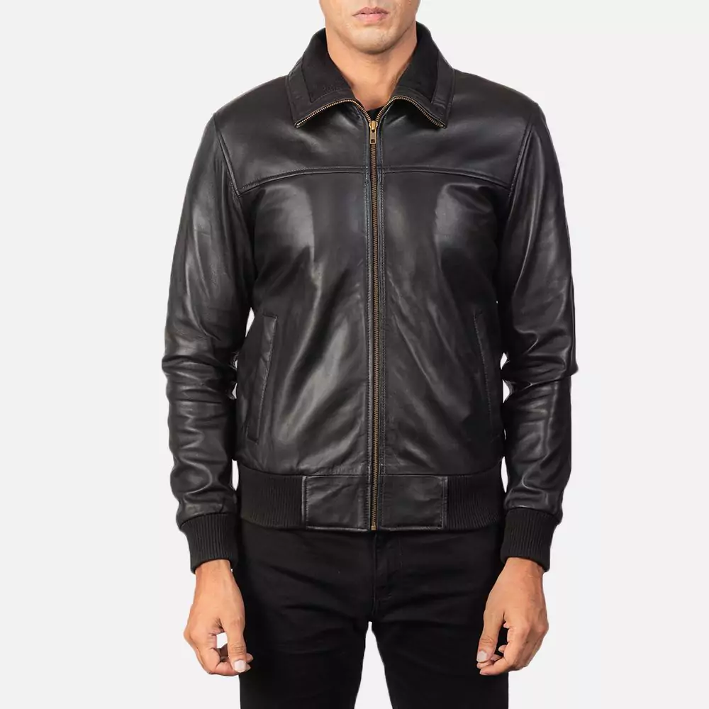 Air Rolf Black Leather Bomber Jacket Gallery 1