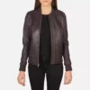 Bliss Maroon Leather Bomber Jacket gallery 2