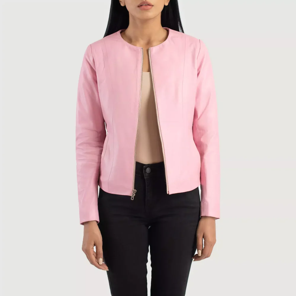 Elixir Pink Collarless Leather Jacket gallary 2