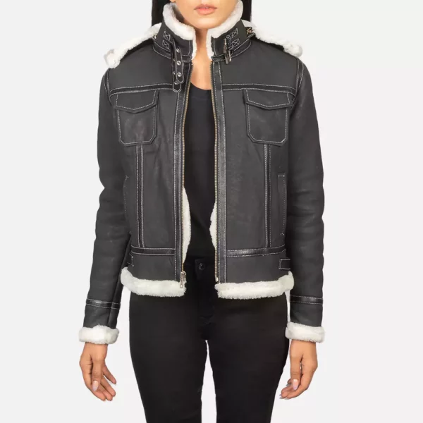 Fiona Black Hooded Shearling Leather Jacket gallery 2