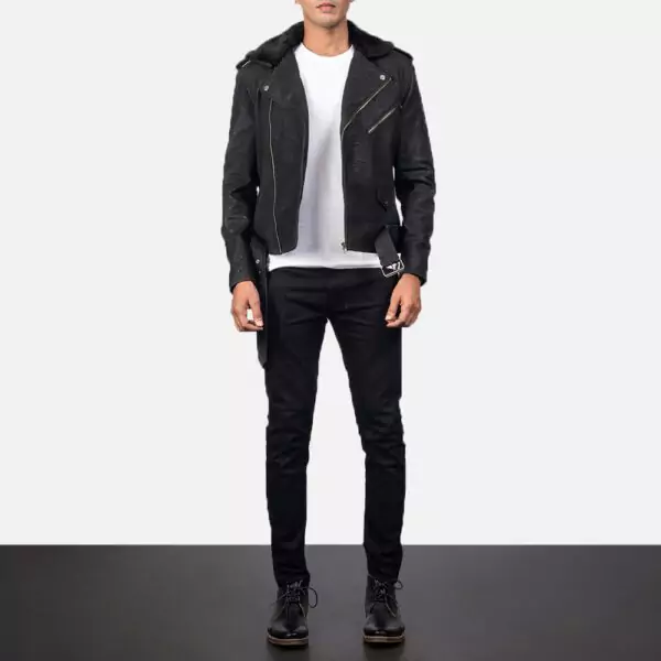 Furton Disressed Black Leather Biker Jacket Gallery 5