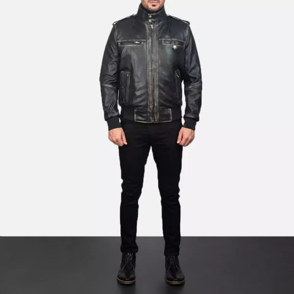 Glen Street Black Leather Bomber Jacket Gallery 4