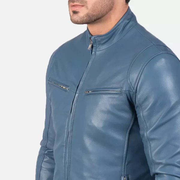 Ionic Blue Leather Biker Jacket Gallery 3