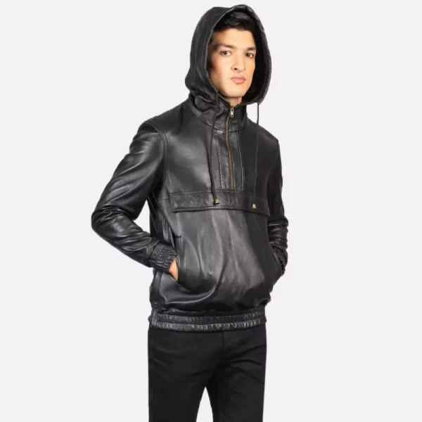 Kenton Hooded Black Leather Pullover Jacket Gallery 1