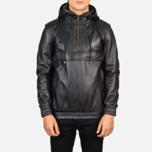 Kenton Hooded Black Leather Pullover Jacket Gallery 2