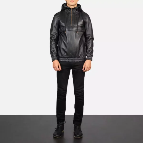 Kenton Hooded Black Leather Pullover Jacket Gallery 5