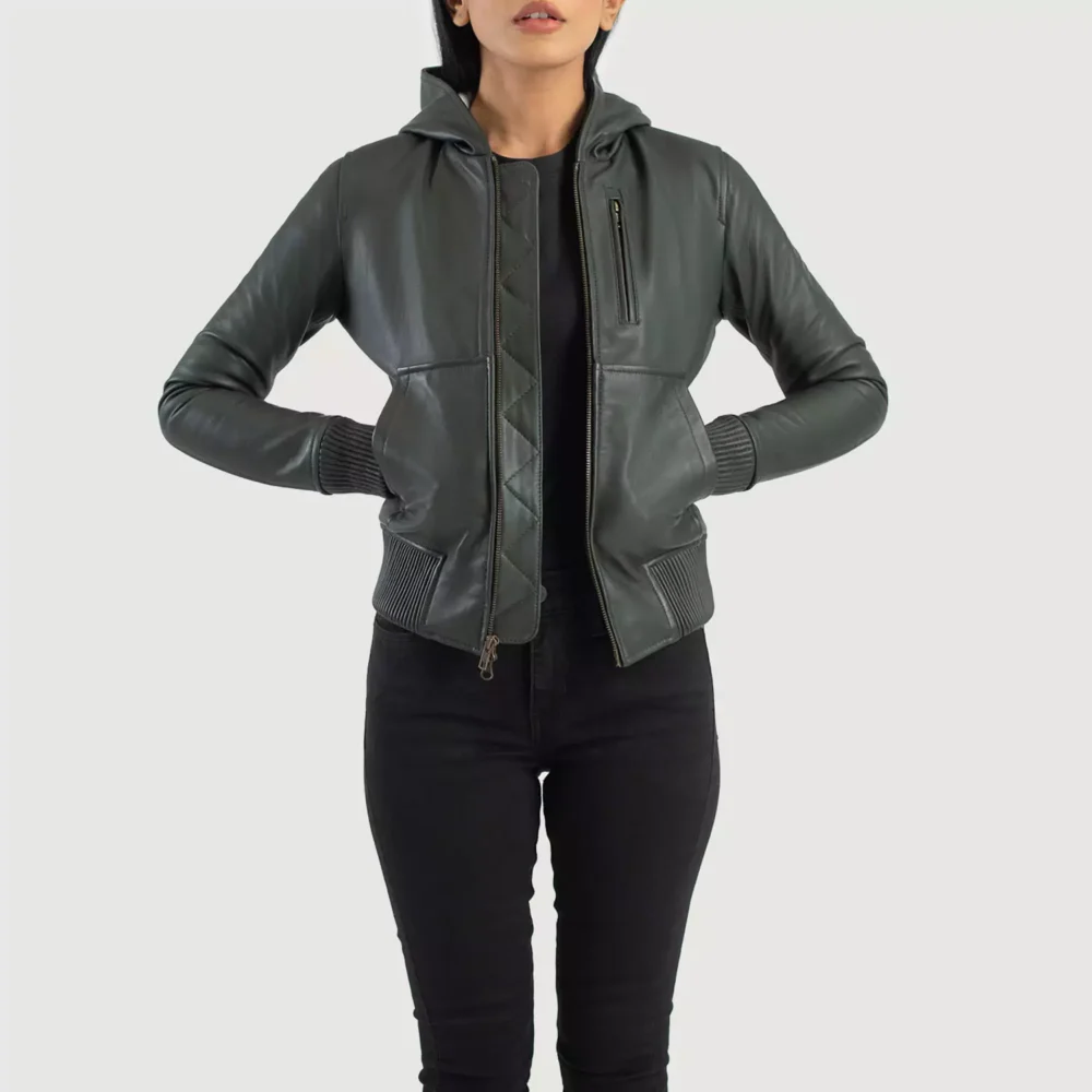 Luna Green Hooded Leather Bomber Jacket gallery 2