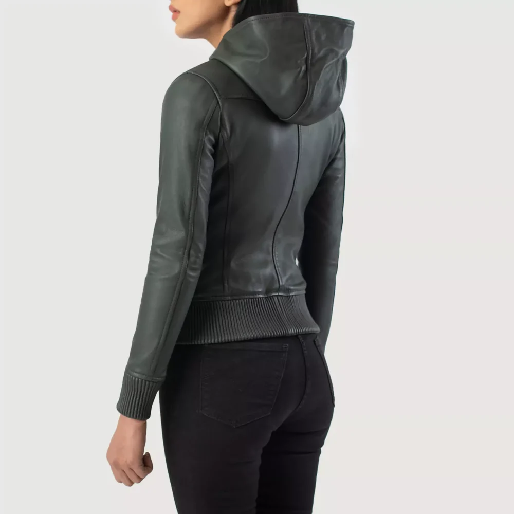 Luna Green Hooded Leather Bomber Jacket gallery 4