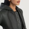 Luna Green Hooded Leather Bomber Jacket gallery 5