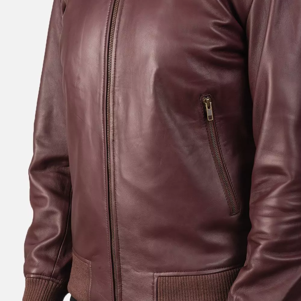 Shane Maroon Leather Bomber Jacket Gallery 3
