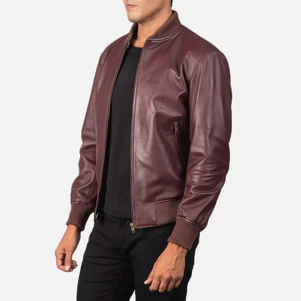 Shane Maroon Leather Bomber Jacket Gallery 4