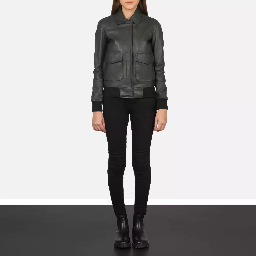 Westa A-2 Green Leather Bomber Jacket gallery 5