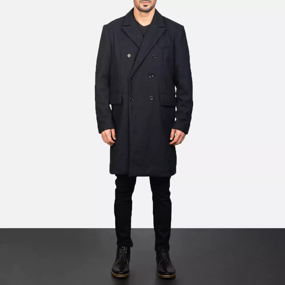 Claud Black Wool Double Breasted Coat Gallery 5