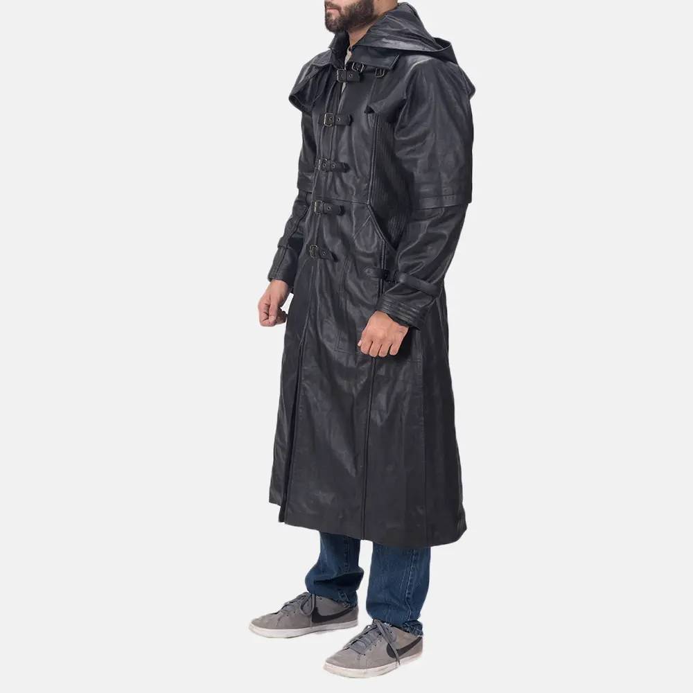 Huntsman Black Hooded Leather Trench Coat Gallery 4
