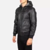 Nintenzo Black Hooded Leather Bomber Jacket Gallery 3