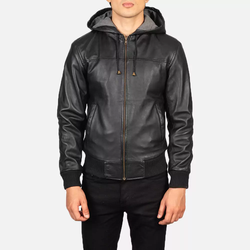 Nintenzo Black Hooded Leather Bomber Jacket Gallery 5