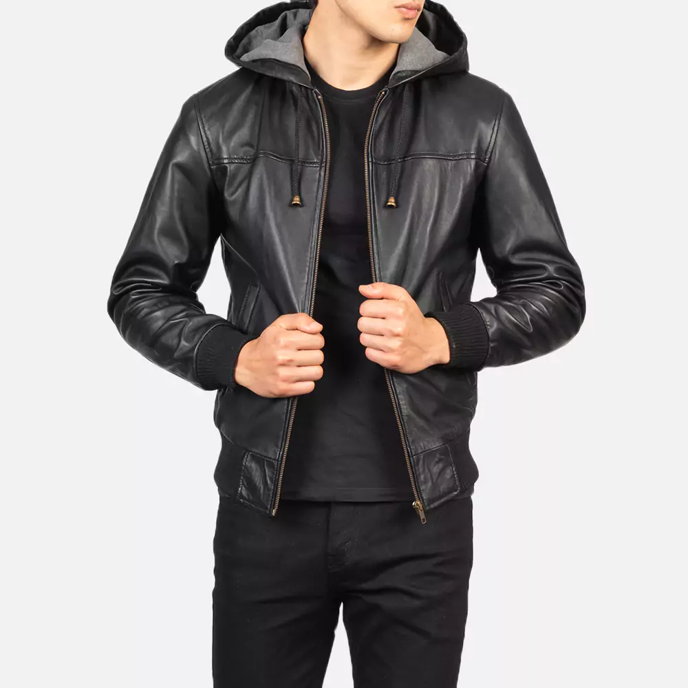 Nintenzo Black Hooded Leather Bomber Jacket Gallery 4
