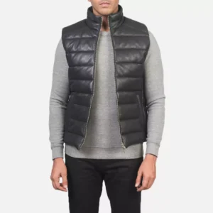 Reeves Black Leather Puffer Vest