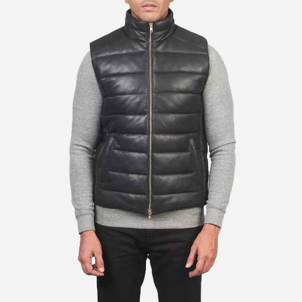 Reeves Black Leather Puffer Vest Gallery 3