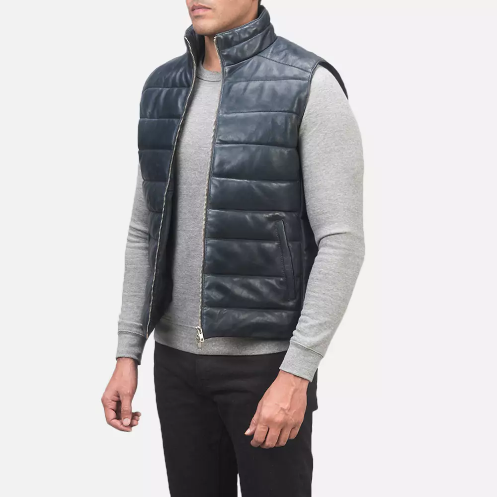 Reeves Blue Leather Puffer Vest Gallery 1