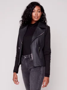 Classic Black Perfecto Jacket with Retro Faux Leather and Ribbed Knit