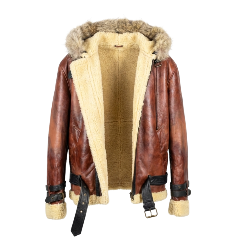 Premium Mens Distressed Leather Shearling Jacket